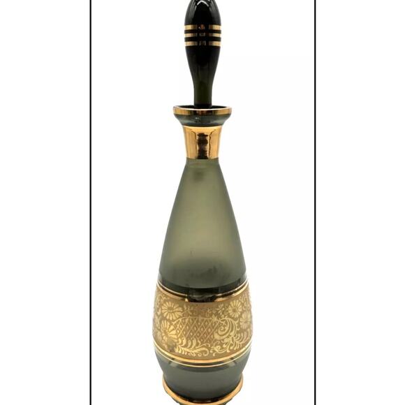 Vtg Moody Czech Bohemia Smokey Glass Decanter Gold Trim 11” carafe Green Gray - Picture 15 of 16